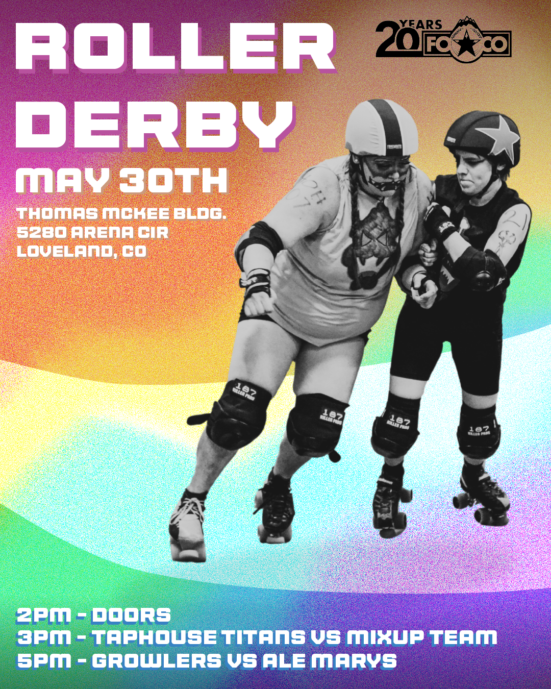 Poster advertising FoCo Roller Derby's 5/30 game. Pictured is a jammer getting hit by a pivot
