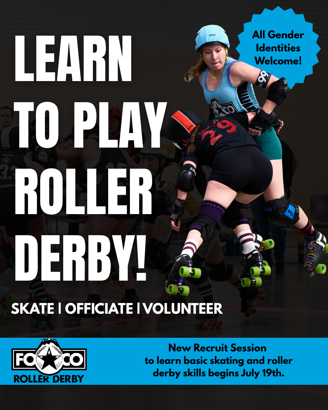 Learn to play roller derby! The image shows jammer Fireball trying to get past pivot/blocker GoneZo